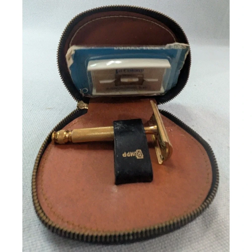 Rumpp Travel Safety Razor Men Gold Tone Black Leather Case Vintage Good Kit